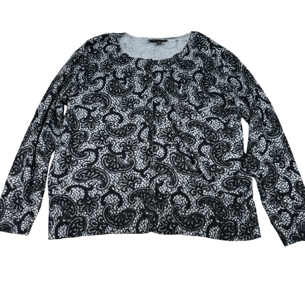 Lane Bryant Womens 18/20 Grey Black Paisley Button Front Knit Cardigan Sweater